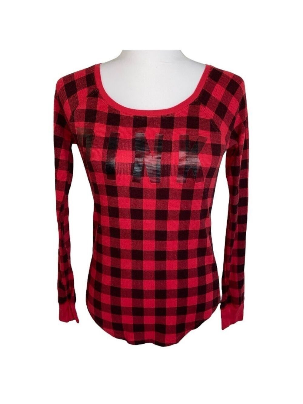 Victoria’s Secret PINK XS Red Black Buffalo Check Plaid Thermal Long Sleeve Top - Picture 2 of 4
